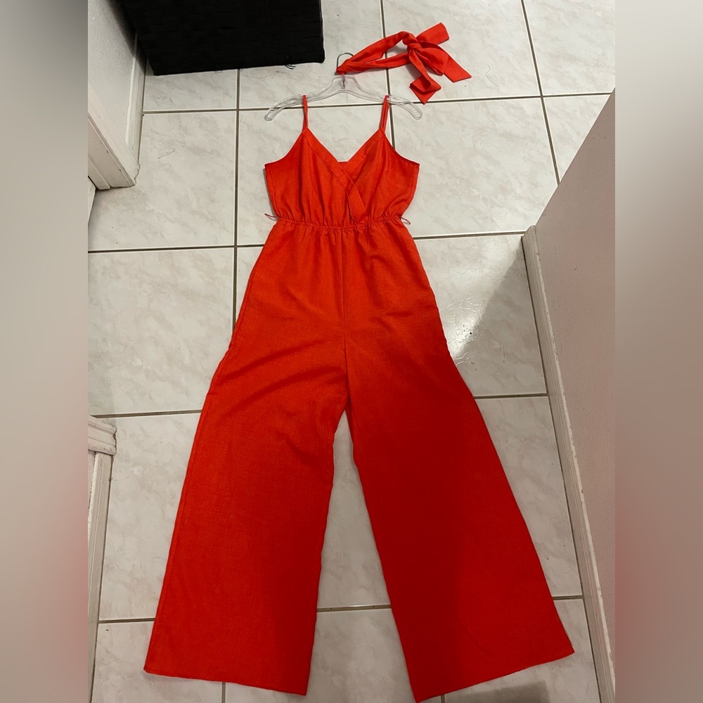 Bright Orange Spaghetti Strap Jumpsuit with tie - Junior Small by Flying Tomato